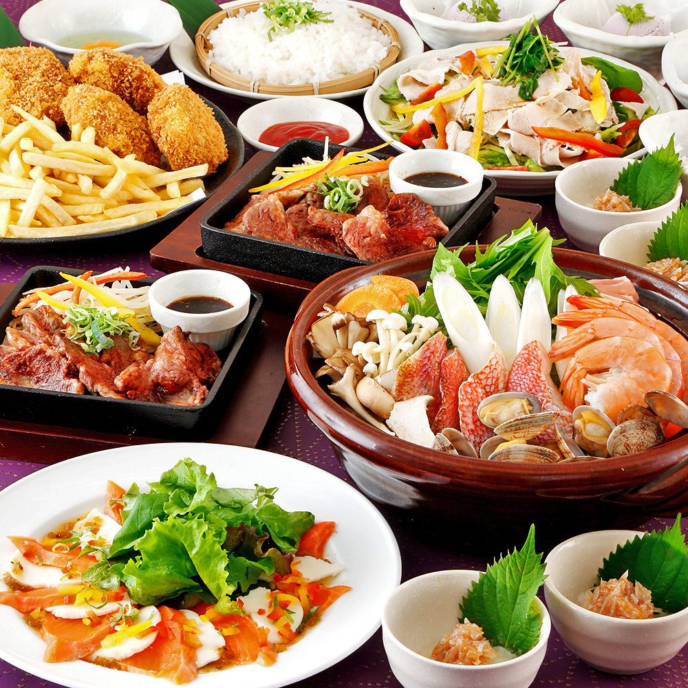 【おもてなし】海鮮ちゃんこ鍋や牛中落ちカルビステーキ・軍鶏メンチ等全8品+飲放込5000円