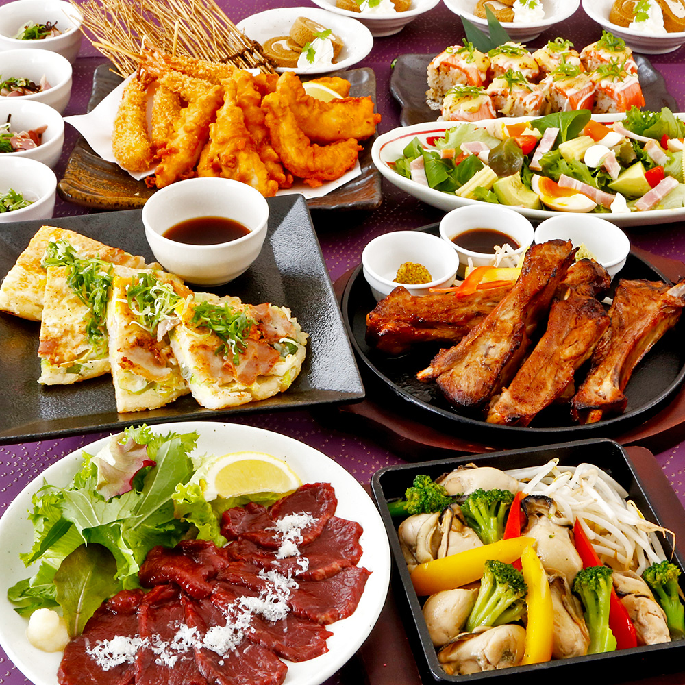 【おもてなし】やわらかスペアリブや馬肉カルパッチョ・牡蠣バター醤油焼き等全9品+飲放込6000円